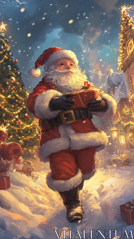 Santa strides through snowy street with glowing gift box.