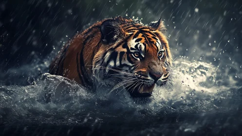 Tiger moving through turbulent water under rainfall at night.