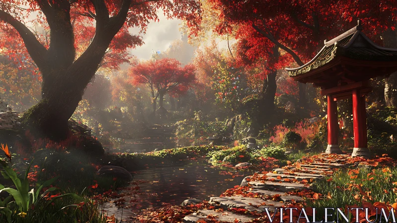 Digital painting of autumn shrine path in luminous forest.