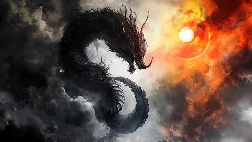 Shadow dragon coils through storm clouds toward burning sun.