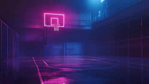 Neon court after hours under rain-soaked cyberpunk hush.