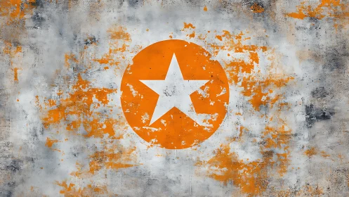 Weathered orange star emblem on smoky concrete canvas.