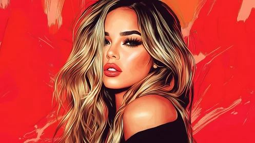 Bold digital portrait of glamorous woman against fiery red backdrop