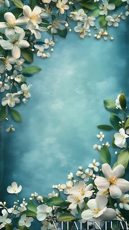 White Jasmine Florals with Foliage on Textured Turquoise Base