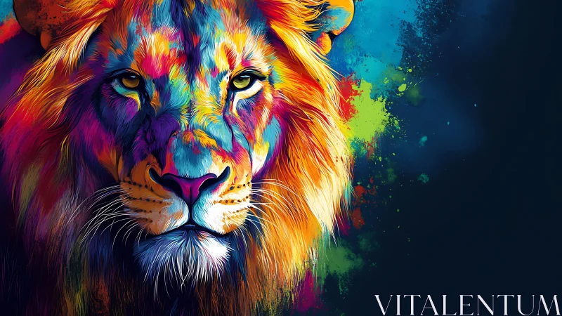 Multicolor stylized lion portrait on dark blue background.