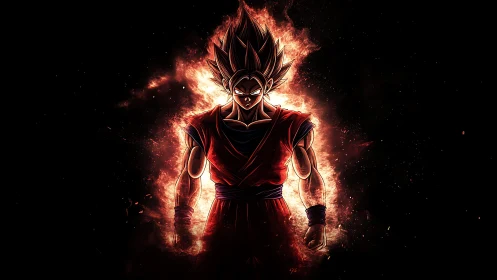 Silhouetted anime fighter in red aura against black field.