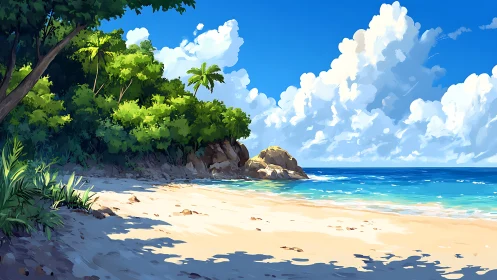 Tropical Coastal Cove: Digital Rendering of Sandy Beach with Cliff Formation
