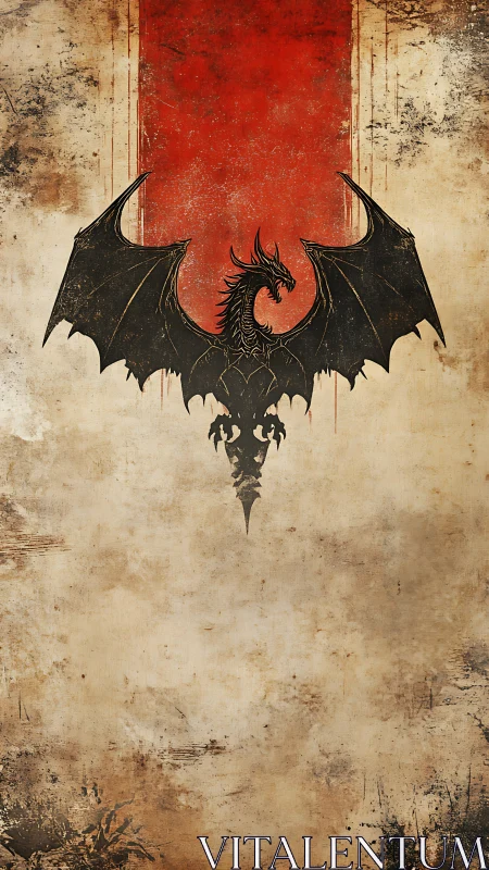Heraldic black dragon silhouette dominates grunge banner ground
