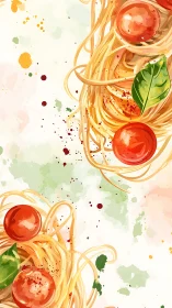 Watercolor pasta coils with tomatoes and basil splashes.