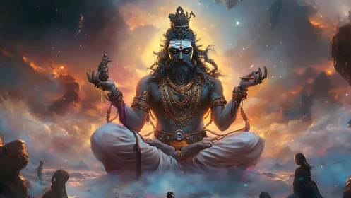 Meditating blue deity in ornate attire amid glowing clouds.