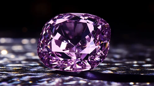 Photorealistic cushion-cut amethyst diamond on bokeh ground.