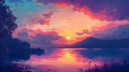 Radiant sunset painting over calm lake and distant hills.