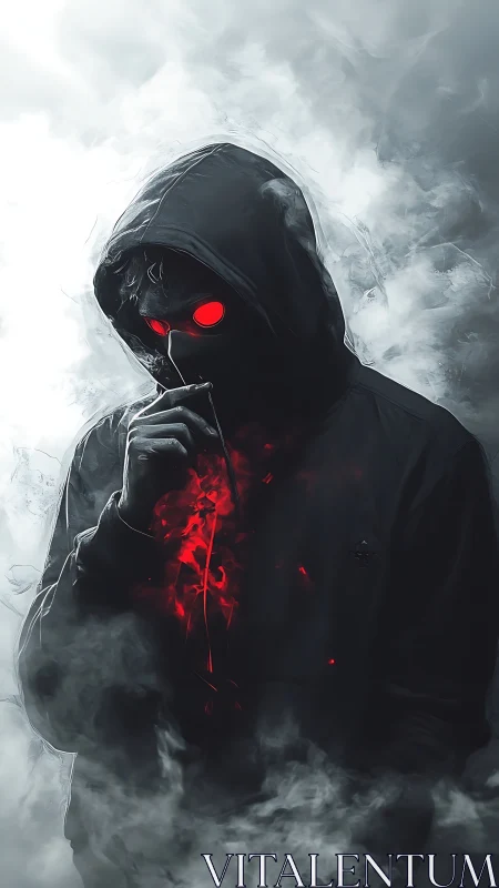 Hooded shadow with glowing red heart in swirling mist.