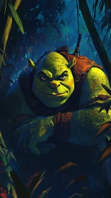 Bold green ogre rests calmly in a glowing midnight swamp