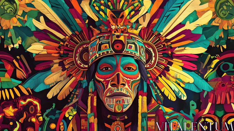 Vibrant digital portrait renders stylized indigenous ceremonial regalia