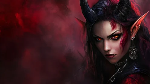 Horned female demon portrait with red mist background.