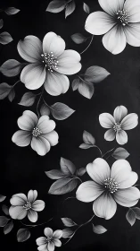 Monochrome floral composition with dogwood blooms on dark background.