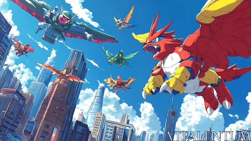 Armored dragon mecha and robotic birds patrol a stylized skyline
