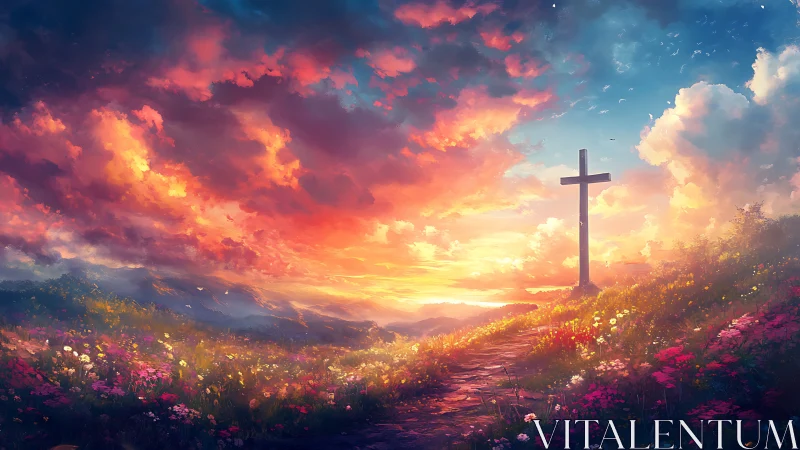 Glowing sunset sky welcomes a quiet hilltop cross in bloom