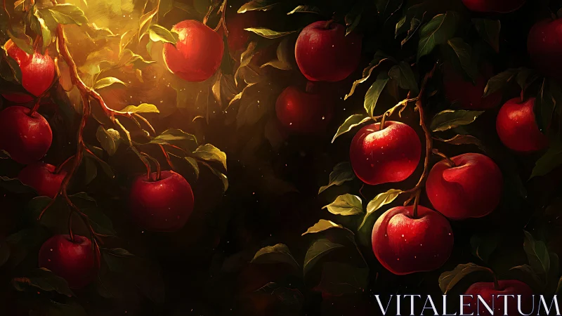 Sunlit orchard apples glowing in a cozy autumn twilight.