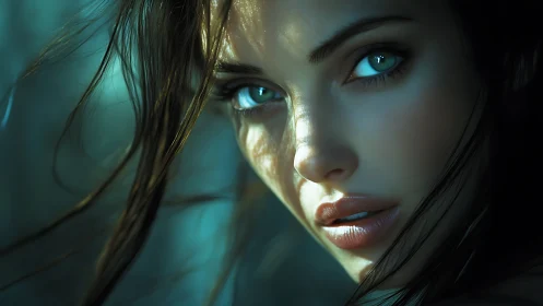 Photorealistic teal portrait with cinematic close-up lighting.
