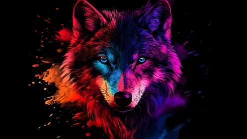Neon wolf gazes boldly in radiant splashes of color