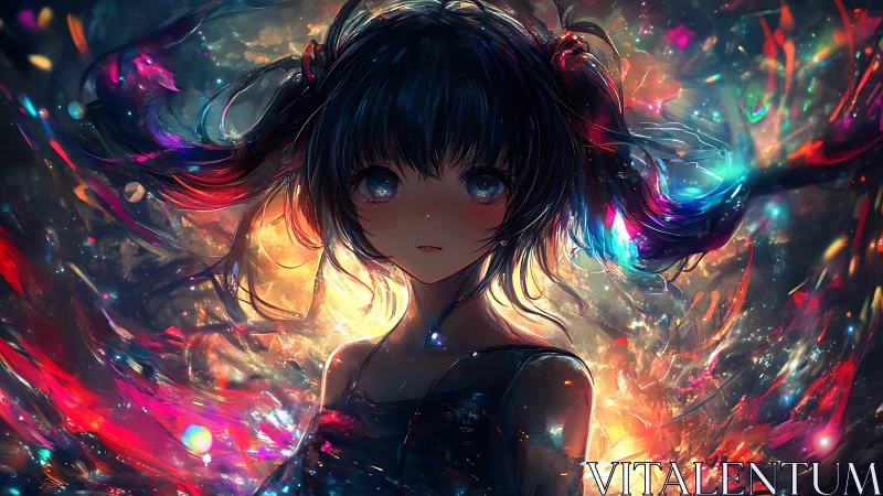 Celestial-haired girl framed by prismatic nebula light.