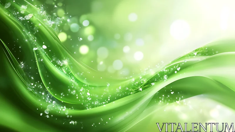 Abstract Green Wave Background with Sparkling Light Effects.