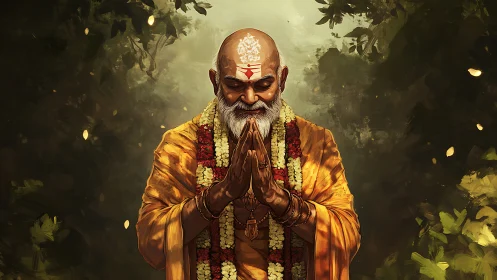 Digital painting of serene monk in forest-lit devotional posture.