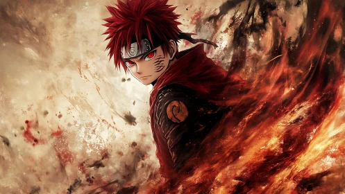 Red haired anime warrior amid swirling fire and sand.