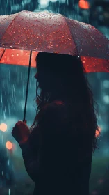 Silhouette under red umbrella in rainfall at dusk conditions.