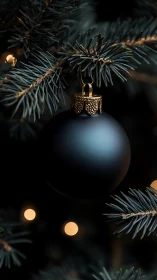 Matte black ornament hangs on dark evergreen Christmas branch