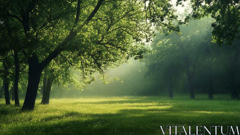 Sunlit Green Forest Clearing with Tranquil Morning Atmosphere.