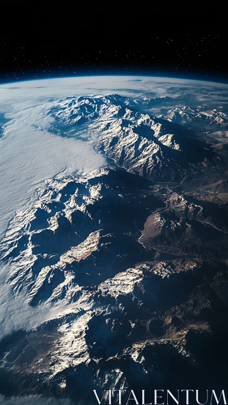 Snowlit mountain spine drifts toward the quiet edge of space