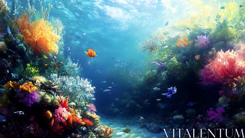 Digital painting of luminous coral reef with centralized depth focus.