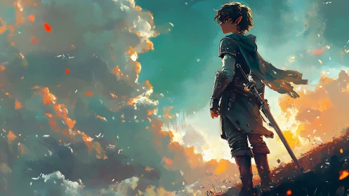 Young armored swordsman surveys a blazing painted sky.