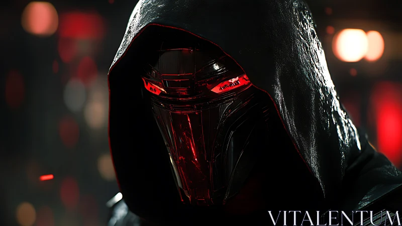 Hooded cyber knight with glowing red visor stares forward.