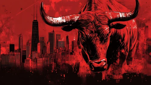 Bold crimson bull charging across a restless city skyline.