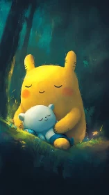 Digital painting of cuddling forest creatures in dappled light.