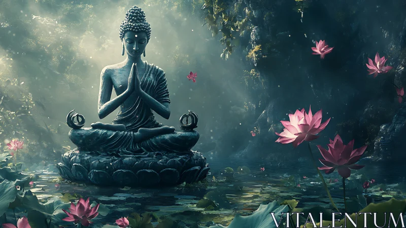 Buddha statue on lotus platform in misty forest pond scene.
