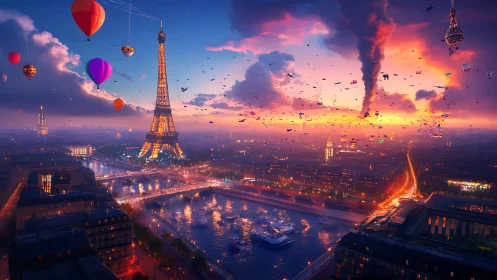Surreal Paris skyline with Eiffel Tower and hot air balloons