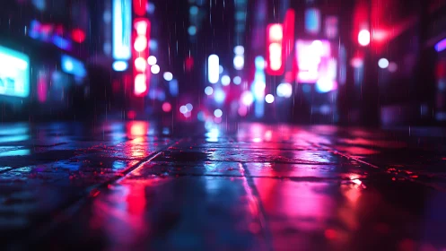 Neon city street at night with wet reflective pavement surface.