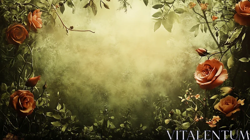 Roses and Foliage Within Muted Yellow-Green Composition.