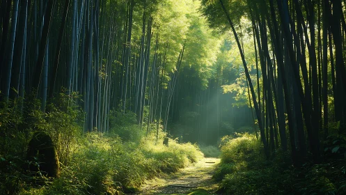 Bamboo Forest Canopy: Vertical Stalks Frame Golden Dappled Pathway.