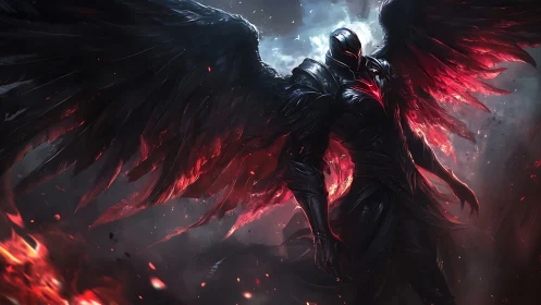 Armored dark angel framed by infernal backlit wings
