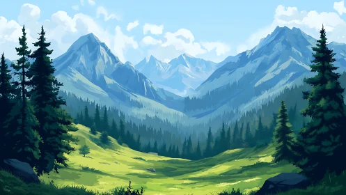 Digital alpine valley panorama with conifer forest and peaks