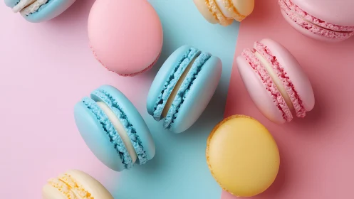 Pastel Macarons: Pink, Blue, Yellow Colors.