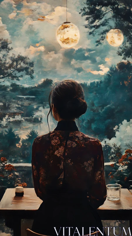 Solitary observer under twin lunar pendants in painted dusk.