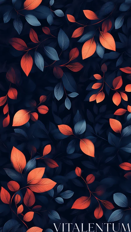 Midnight botanical leaves with vivid coral highlights.