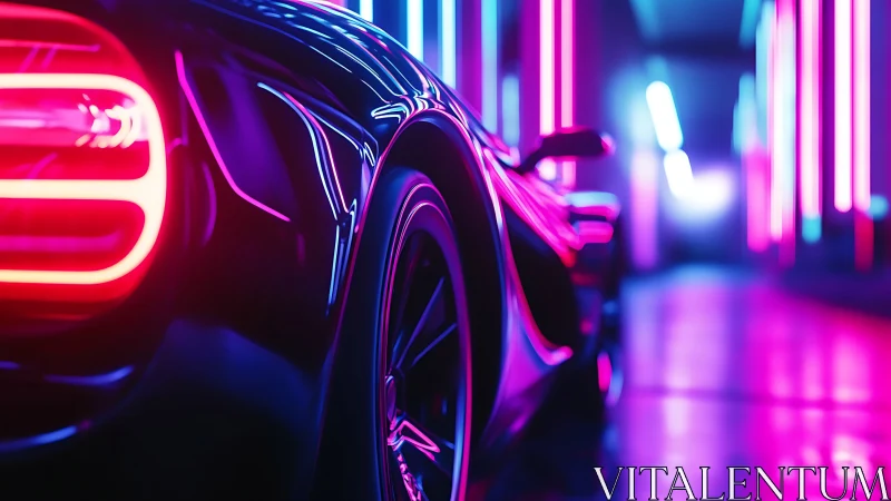 Neon-lit supercar in chromatic cyber tunnel perspective.